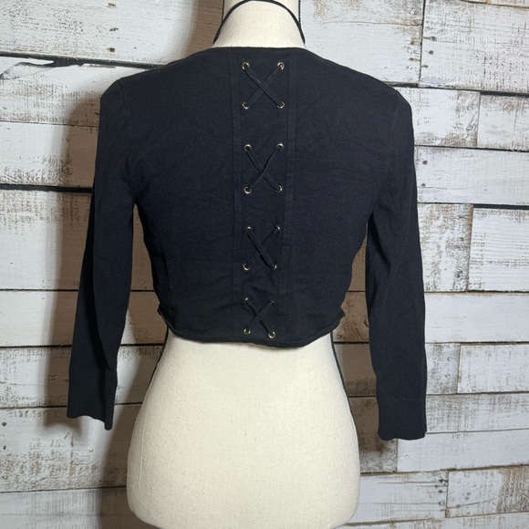 Cache Y2K Cardigan Women S Black Silk Blend Lace Up Sleeve Sweater Dark Cropped - Picture 1 of 3